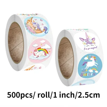 500 adet / rulo Karikatür Unicorn Sticker çocuklar Ödül Etiket Hediye Dekorasyon Etiket Öğretmen Teşvik Öğrenci Kırtasiye Çıkartmalar