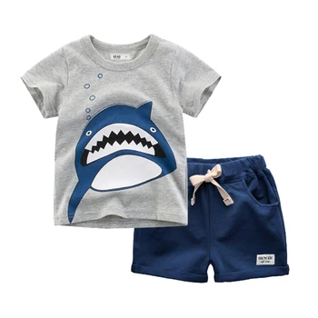 BINIDUCKLING Yaz Çocuk Boys Giyim Seti Hayvan Köpekbalığı Baskılı %100 % pamuklu yürümeye Başlayan Çocuk giyim setleri 2 t-7 t Çocuklar Kıyafetler