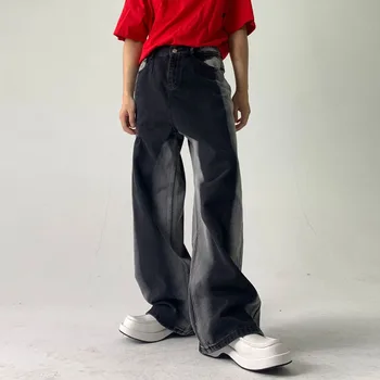 Kore Moda Gevşek Düz Kravat boya günlük kot pantolon Adam Streetwear Hip Hop Geniş Bacak Kot Pantolon Erkekler Jean Pantolon