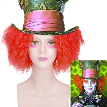 Kırmızı 30 cm Alice in Wonderland Çılgın Şapkacı / Tarrant Hightopp Saç Kısa Kıvırcık Cosplay Peruk Cadılar Bayramı Kostüm Partisi Peruk