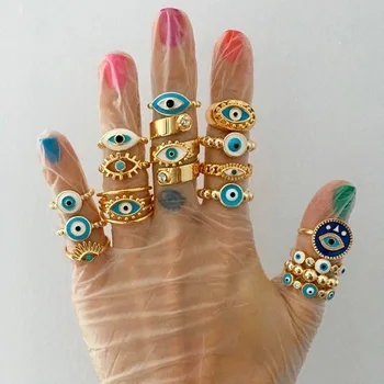 1 ADET Bohe Vintage Emaye Türk Nazar Yüzük Kadınlar İçin Etnik Yuvarlak Geometrik Zirkon Mavi Göz Parmak Yüzük kadın mücevheratı Hediye