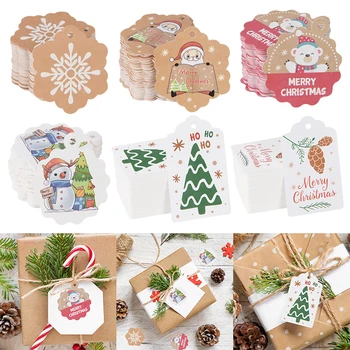 100 Adet Merry Christmas Kraft Kağıt Etiketi Dize Hediye Kutusu Ambalaj Etiket Dekorasyon Noel Ağacı askı süsleri Navidad