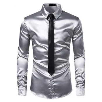 2 adet Gümüş Ipek Gömlek + Kravat Erkek Saten Pürüzsüz Smokin Gömlek Casual Düğme Aşağı Erkekler Elbise Gömlek Düğün Parti Balo Chemise Homme