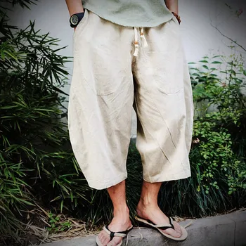 2020 Yaz Çin tarzı pantolon erkek Kırpılmış Pantolon geniş bacak pantolon keten rahat alt