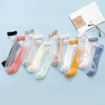 2021 Yeni Kadın Yaz Ultra İnce Ayak Bileği Çorap Şeffaf Papatya Nakış Dantel İpek Elastik Çorap Sevimli Kız Kısa Çorap