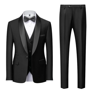 2021 İş Resmi Siyah Kostüm Homme 3 Parça Slim Fit Düğün Smokin Bir Düğme Şal Yaka Groomsmen Damat Giyim Erkek Takım Elbise