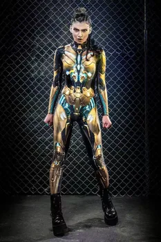 2022 Güz Cadılar Bayramı Robot İskelet Dijital Baskı kadın İnce Uzun Kollu Cosplay Kostümleri Sıkı Tulum Zentai Bodysuit