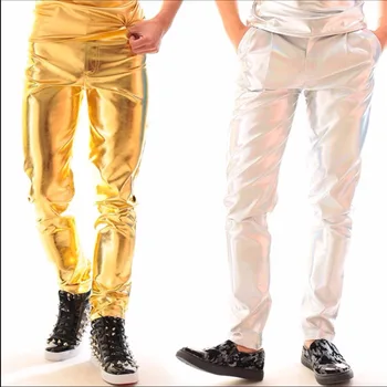 27-40 Yeni Erkek Sıska Sahte Pu Deri Pantolon Gümüş Altın Lazer Pantolon Pantolon Gece Kulübü Bar Dj Moda Sahne Şarkıcı Dansçı Kostüm