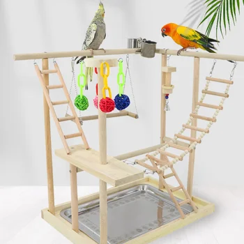 48 * 33 * 53cm Ahşap Papağan Oyun Alanı Kuş Levrek Merdivenler ile Besleyici Papağan Isırığı Oyuncaklar Kuş çerçeve Standı Kafes Kuş Asma Köprü