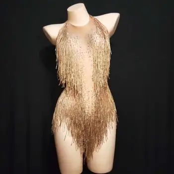 5 Renkler Sparkly Altın Rhinestones Püskül Bodysuit Tek Parça Leotard Dans Giyim kadın Kutlamak Kadın Şarkıcı Kristaller Kostüm