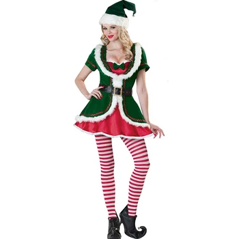 5 adet / takım Elf Noel Kostüm Yeşil Noel Kadın Cosplay Yetişkin Parti Karnaval süslü elbise Noel Partisi Takım Elbise