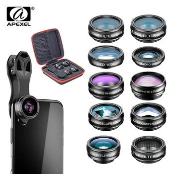 APEXEL 10 in 1 Telefon kamera Lens Kiti Balıkgözü Geniş Açı Makro Lens CPL Filtre Kaleydoskop Ve 2X teleskop lensi Akıllı Telefonlar İçin