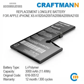 APPLE iPhone XS için Craftmann Pil 3000 mAh A1920/A2097 / A2098 / A2099 / A2100 (616-00512)