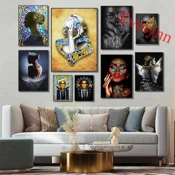 Altın Ve Siyah Afrika Kadınlar Poster Ve Baskı Soyut Farsça Kaligrafi Kadın duvar sanatı Tuval Ev Oturma Odası Dekor Boyama