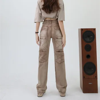 Amerikan Vintage Degrade Kot Büyük Cepler Geri Düz Kot Pantolon Kadınlar İçin 2022 Sonbahar Baggy Kot Kadın Gevşek Pantolon