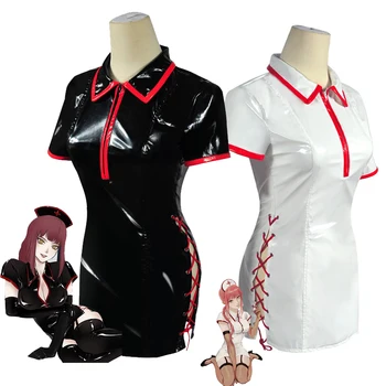 Anime Testere Adam Cosplay Kostüm Makima Güç Seksi hemşire üniforması PU Deri Elbise Takım Elbise Peruk Kadın Cadılar Bayramı Cosplay Kıyafetler