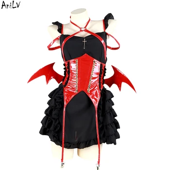 AnıLV Cadılar Bayramı Kız Şeytan Kanatları Siyah Elbise Lolita Unifrom Kadınlar Elfler Sihirli Kıyafetler Kostümleri Cosplay