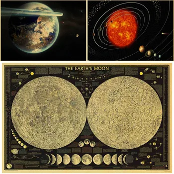 Astronomi Bilim Serisi Vintage Kraft kağıt afiş dünya'nın Ay Topografik Harita Güneş Sistemi Çıkartmalar Bar Ev Dekor