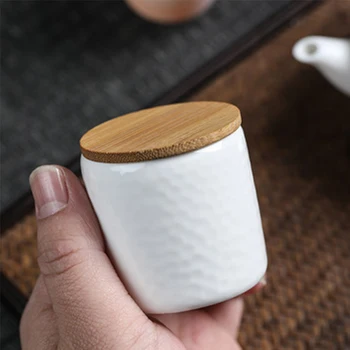 Bambu Kapaklı Küçük Beyaz Porselen Çay Depolama Kavanozu Seramik Mini Hava Geçirmez Kavanoz Çay Depolama Küçük Porselen Kavanoz çay tenekesi