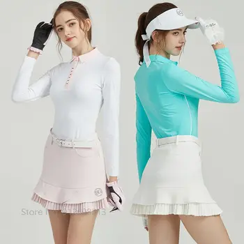 Blktee Sonbahar Golf Kıyafeti Kadın Uzun Kollu Üstleri Ince Eğlence Golf Gömlek Kadın Pilili Skort Yüksek Bel Kısa Etek Forması Seti