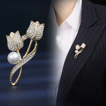 Broş Rhinestone Lale Çiçek Broş parlama Önleyici Takım Elbise Broş Yaka Pin Takı