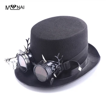 Buhar Punk Şapka Ayrılabilir Gözlük Sokak Popüler silindir şapka El Yapımı Siyah Steampunk Erkekler Fedoras Cadılar Bayramı Partisi