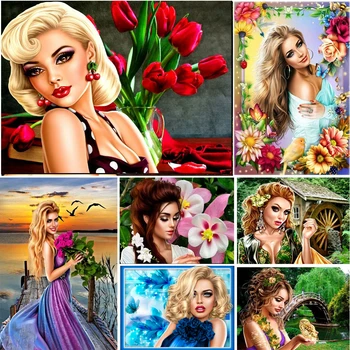 DIY 5D Elmas Boyama Pretty Seksi Sarışın Kadın Çiçek Portre Çapraz Dikiş Kiti Tam Elmas Mozaik Taklidi Resimleri Q444