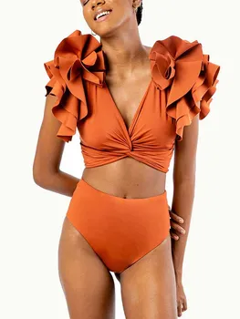 Düz Renk Fırfır Üç Boyutlu Omuz Askıları Bikini Çapraz Toplamak Mayo Backless Yüksek Bel V Yaka Seksi Beachwear 2022