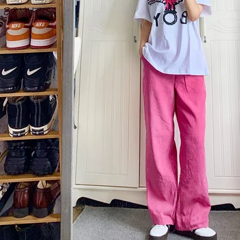 Düz pantolon Kadın Şık Harajuku Pembe Kadife Retro Popüler Bayanlar Streetwear Basit Tam uzunlukta Elastik Bayan Pantolon