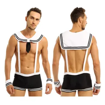 Erkek Erkek Yetişkin Seksi Denizci Kostüm Kıyafetler Tulum Cosplay İç Çamaşırı Seti Jartiyer Boxer Yaka Manşetleri Cadılar Bayramı Kostümleri