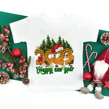 Erkek Hello 2023 Mutlu Yeni Yıl T-shirt Karikatür Noel Kızlar Tees Çocuk Üstleri Kısa kollu Elbise Yaz Çocuklar Kıyafetler