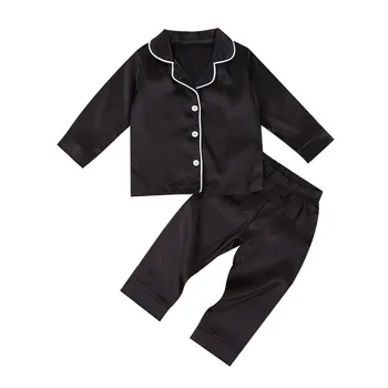 Erkek bebek Siyah Saten İpek Pijama Setleri Pijama Uzun Kollu Üst Pantolon 1-7Y Yürüyor Çocuk Çocuk Yaz Sonbahar Rahat Gecelik