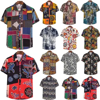 Erkek gömleği Yaz 2021 Yeni Etnik Baskı Ekose Gömlek Düğmesi Moda Kısa Kollu Tatil Eğlence Gevşek Erkek Plaj Gömlek