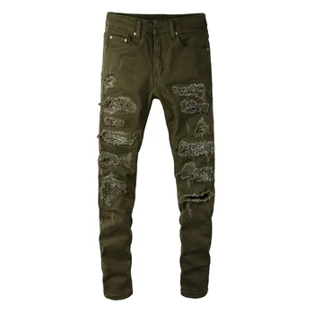 Erkekler Paisley Bandana Baskı Pilili Yama Denim Kot Streetwear Patchwork Streç Pantolon Askeri Yeşil Yırtık Sıska Pantolon