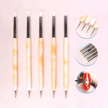 Eval Çift başlı Tırnak resim fırçası Tasarım Ucu Süsleyen Kalem Silikon Presleme Fırçası Çıkartmalar Manikür Sanat Araçları