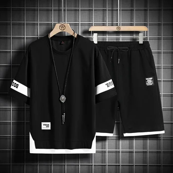 Eşofman erkek Takım Elbise Koşu Siyah Beyaz Setleri Giysileri Spor Joggers Eğitim Gym Fitness Erkek T Shirt + kısa pantolon