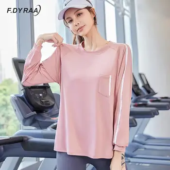 F. DYRAA Patchwork Renk Gömlek Kadın Yuvarlak Yaka Uzun Kollu Spor cepli gömlek Koşu Spor Salonu Üstleri Spor