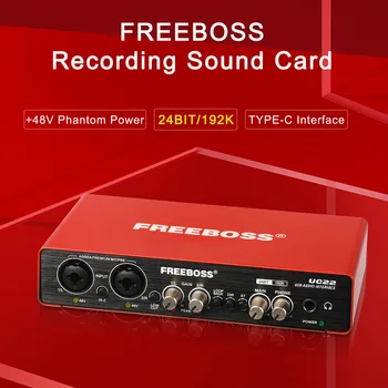 FREEBOSS ses arabirimi Profesyonel 192KHz Kayıt Loopback Hi-z Gitar USB DC 5V Harici Ses Kartı 48V Fantom Güç UC22