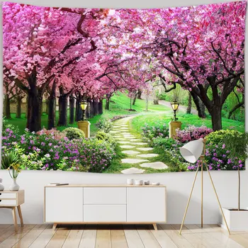 Güzel Ağaç Pembe Çiçek Goblen Hippi Duvar Asılı Dekorasyon Kiraz Çiçeği Avenue Goblen Arka Plan Tavan Ev Dekor