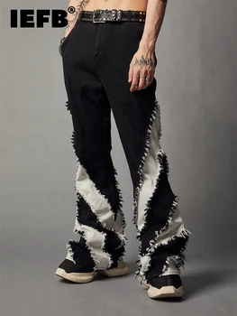 IEFB Çok Yönlü Siyah Splice İnce Yıkanmış Denim Casual Flare Erkek Pantolon 2023 Koyu Giyim Kontrast Renk Erkek Pantolon Vintage 9A5816