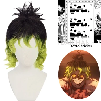 Iblis avcısı Gyutaro Shabana Cosplay Peruk Dövme Etiket Daki Brother Siyah Yeşil Bukleler Saç Anime Kimetsu Hiçbir Yaiba Üst Rütbe