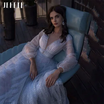 JEHETH Glitter Parlak Backless Tül Boho Chic düğün elbisesi Uzun Fener Kollu A-Line V Boyun Gelin Törenlerinde vestidos de novia 2022