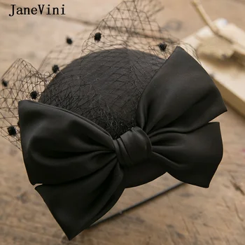 JaneVini Şık Siyah saten kurdele Gelin Şapkalar Vintage Örgü Peçe Beyaz Düğün Şapka Tokalar ile Akşam Parti kokteyl başlığı