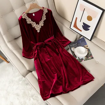 Kadife Gecelik Kadın V Yaka Dantel Uyku Elbise Sonbahar Kıyafeti Salonu Uzun Kollu Gecelik gündelik elbise Kıyafeti Loungewear
