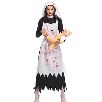 Kadın Korkunç Rahibe Kostüm Kardeş Cosplay süslü elbise Zombi Hayalet Cadı Kostümleri
