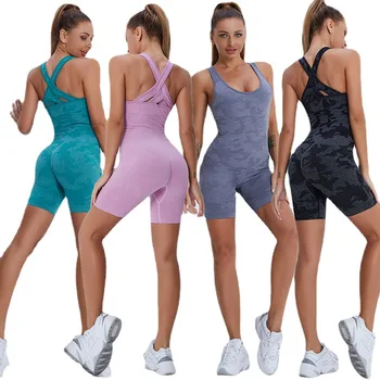 Kamuflaj Tek Parça Yoga Bodysuit Push Up Kalça Camo Yoga Seti Dikişsiz Güzellik Geri Tulum Kadın Spor Giyim Egzersiz Seti
