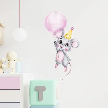 Karikatür Küçük Fare Balon duvar çıkartmaları Çocuk Odası Dekorasyon İçin Duvar Kağıdı Yatak Odası Ev Dekor Sevimli Hayvanlar Kreş Çıkartmaları
