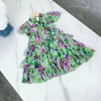Katmanlı Çocuk Kız Elbise 2022 Yaz Şifon Kısa Kollu Çiçek Prenses Elbiseler Tasarımcı Çocuk Giysileri