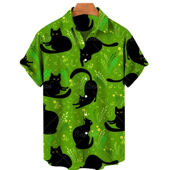 Kedi Baskı havai gömleği Erkekler Kadınlar Yaz Rahat Üst Artı Boyutu Gevşek Basit Tek Göğüslü Düğmeler 5xl