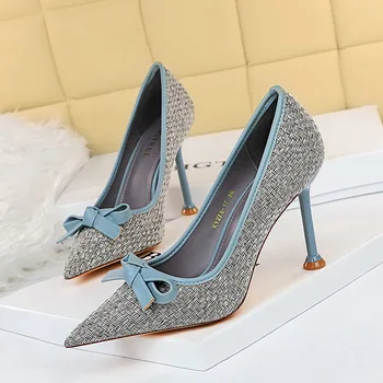 Kelebek-düğüm Sivri Burun Pompaları Kadın moda Yüksek Topuklu Ayakkabılar bağcıksız ayakkabı sığ Örgü Slaytlar karışık renk Zapatos De Mujer
